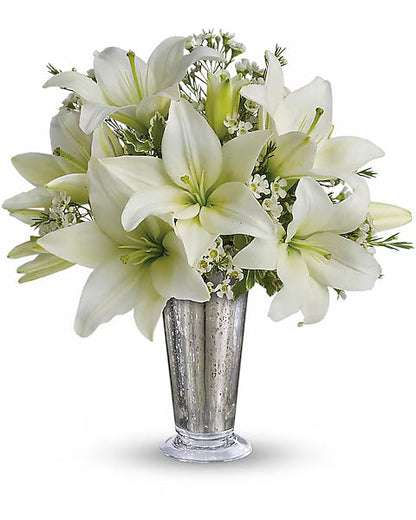 Bouquet of white lilies in a silver vase on a white background