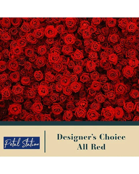 Wall of red roses with 'Petal Station' branding and 'Designer's Choice All Red' text.